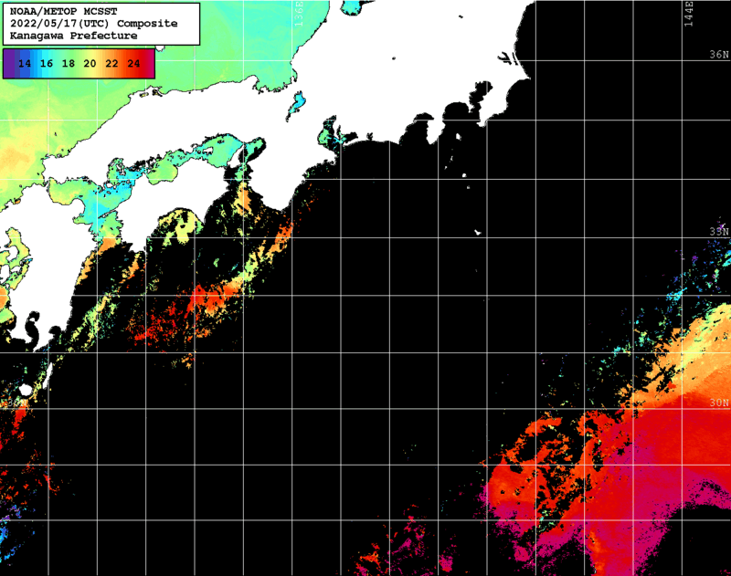 NOAA、MetOp 人工衛星画像 検索結果, 水温分布を図示
