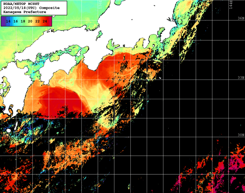 NOAA、MetOp 人工衛星画像 検索結果, 水温分布を図示