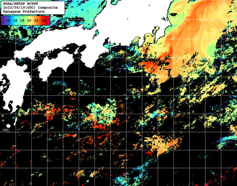 NOAA、MetOp 人工衛星画像 検索結果, 水温分布を図示