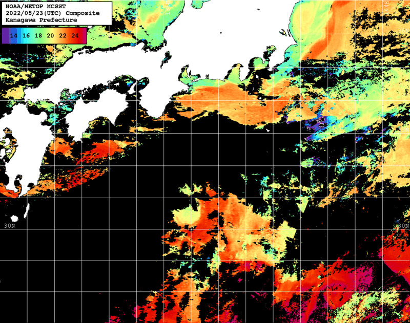 NOAA、MetOp 人工衛星画像 検索結果, 水温分布を図示