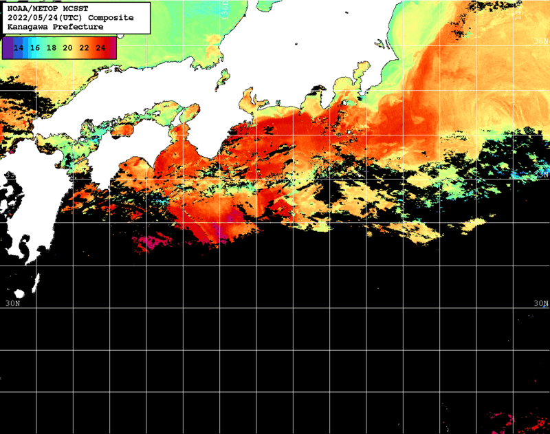 NOAA、MetOp 人工衛星画像 検索結果, 水温分布を図示