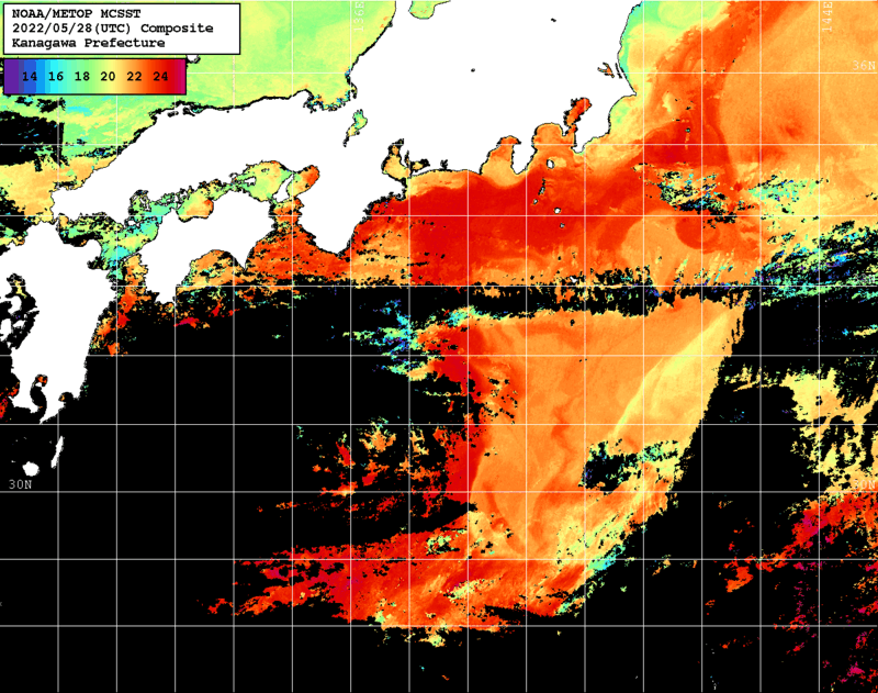 NOAA、MetOp 人工衛星画像 検索結果, 水温分布を図示