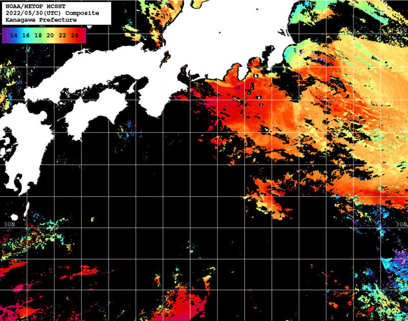 NOAA、MetOp 人工衛星画像 検索結果, 水温分布を図示