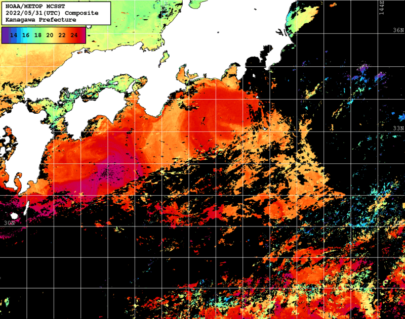 NOAA、MetOp 人工衛星画像 検索結果, 水温分布を図示