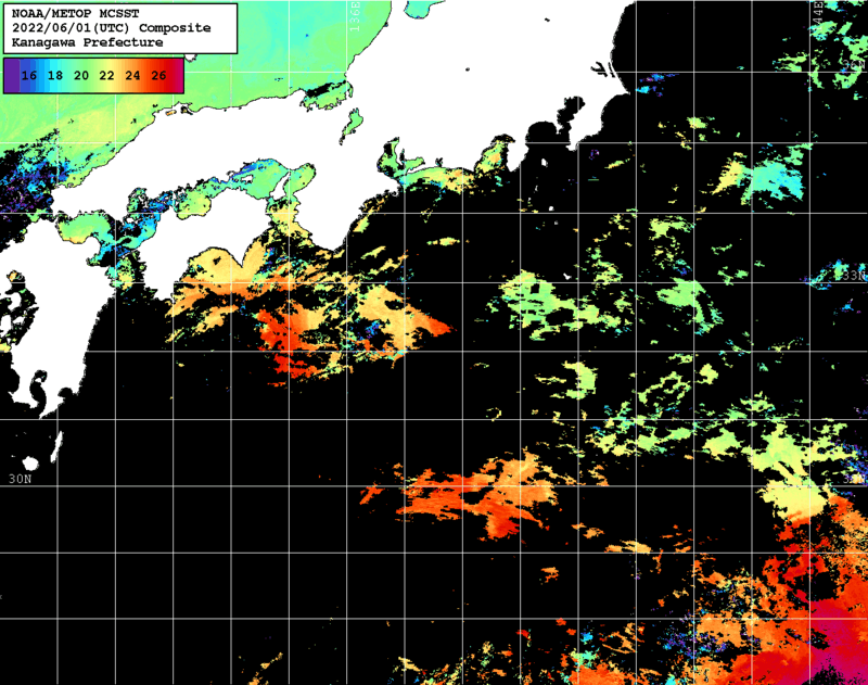 NOAA、MetOp 人工衛星画像 検索結果, 水温分布を図示
