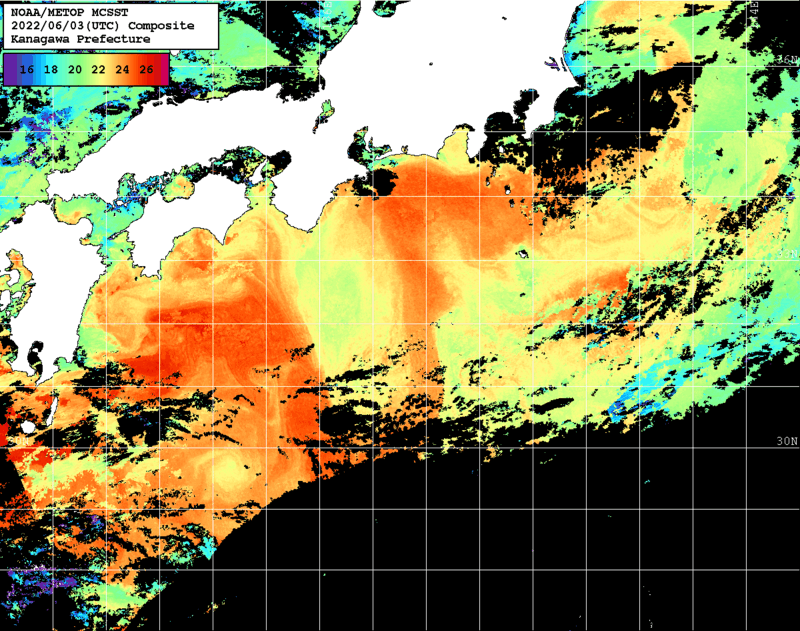 NOAA、MetOp 人工衛星画像 検索結果, 水温分布を図示