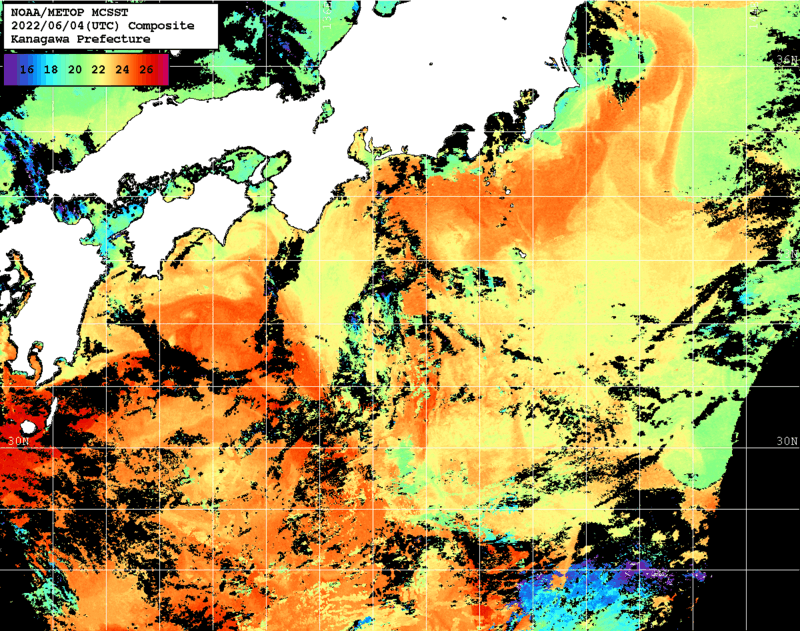 NOAA、MetOp 人工衛星画像 検索結果, 水温分布を図示