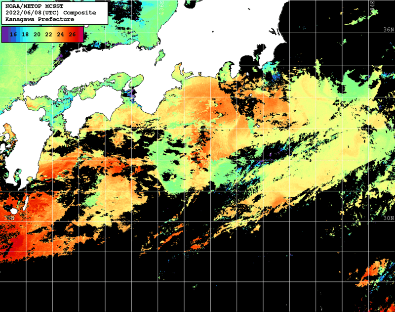 NOAA、MetOp 人工衛星画像 検索結果, 水温分布を図示