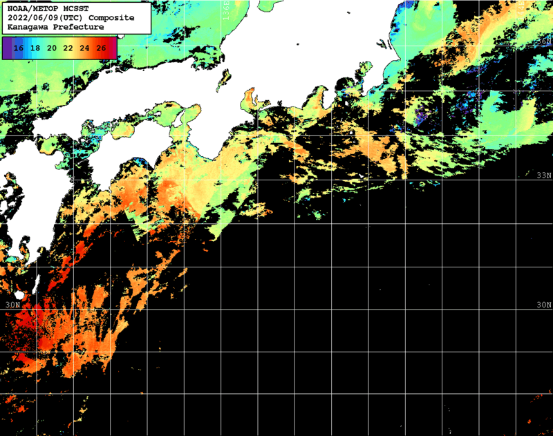 NOAA、MetOp 人工衛星画像 検索結果, 水温分布を図示