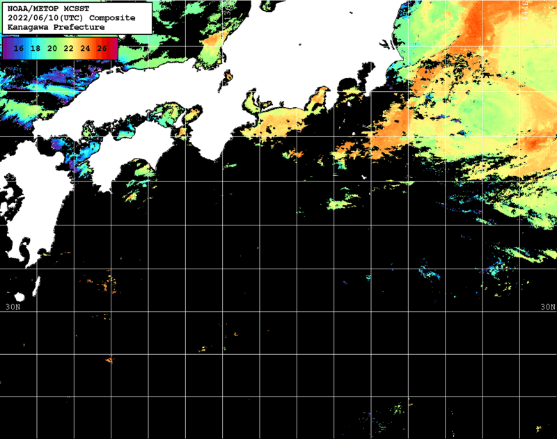 NOAA、MetOp 人工衛星画像 検索結果, 水温分布を図示