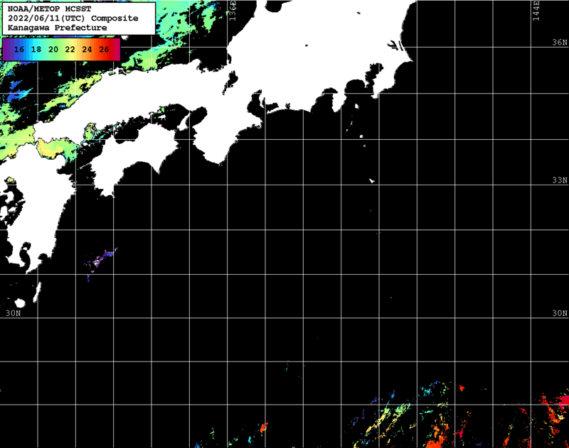 NOAA、MetOp 人工衛星画像 検索結果, 水温分布を図示