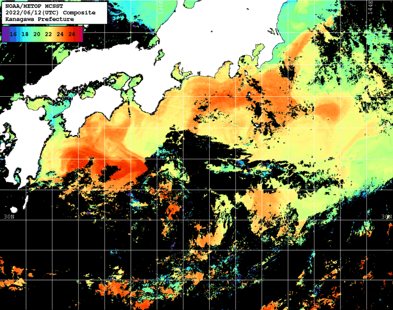 NOAA、MetOp 人工衛星画像 検索結果, 水温分布を図示