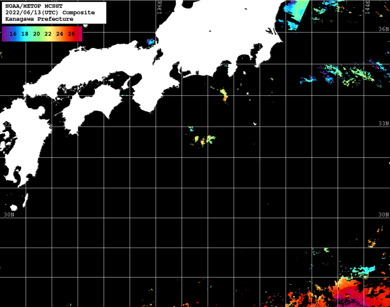 NOAA、MetOp 人工衛星画像 検索結果, 水温分布を図示