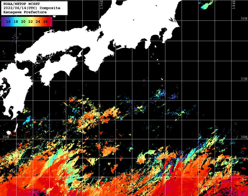 NOAA、MetOp 人工衛星画像 検索結果, 水温分布を図示