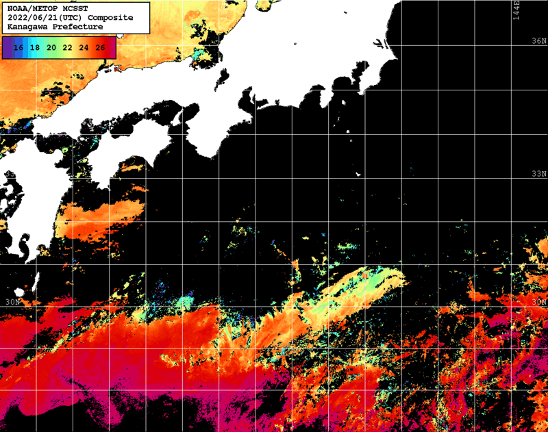 NOAA、MetOp 人工衛星画像 検索結果, 水温分布を図示