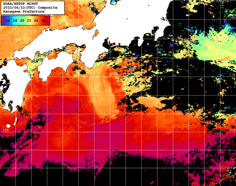 NOAA、MetOp 人工衛星画像 検索結果, 水温分布を図示