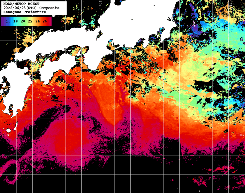 NOAA、MetOp 人工衛星画像 検索結果, 水温分布を図示