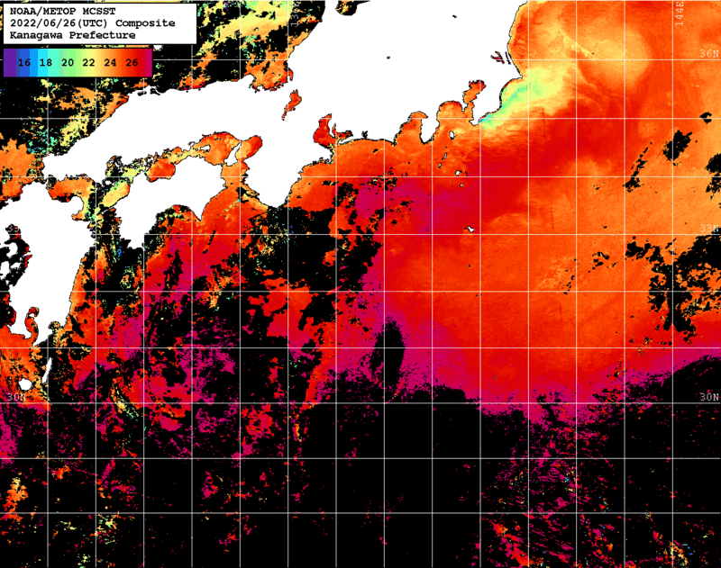 NOAA、MetOp 人工衛星画像 検索結果, 水温分布を図示