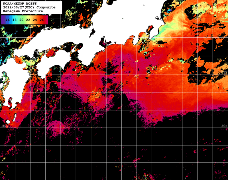 NOAA、MetOp 人工衛星画像 検索結果, 水温分布を図示