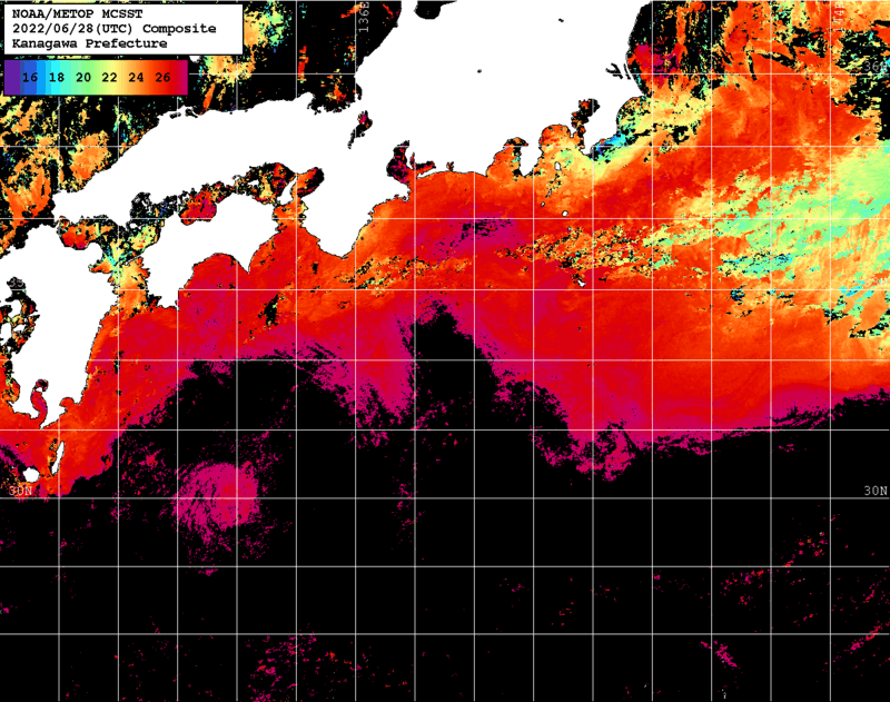 NOAA、MetOp 人工衛星画像 検索結果, 水温分布を図示