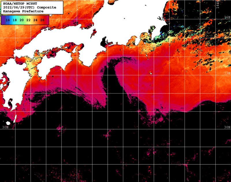 NOAA、MetOp 人工衛星画像 検索結果, 水温分布を図示