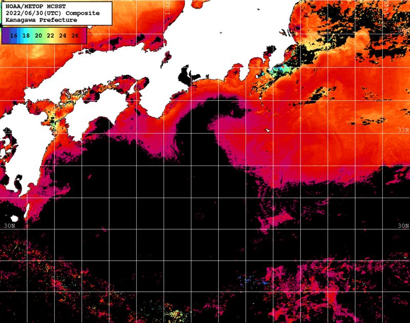 NOAA、MetOp 人工衛星画像 検索結果, 水温分布を図示