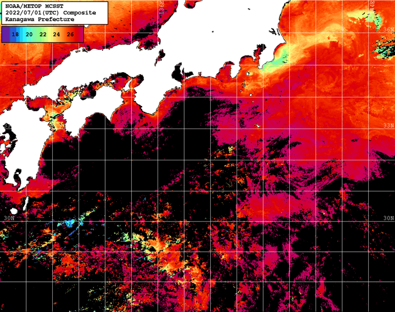 NOAA、MetOp 人工衛星画像 検索結果, 水温分布を図示