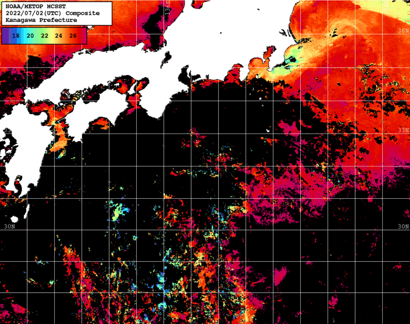 NOAA、MetOp 人工衛星画像 検索結果, 水温分布を図示