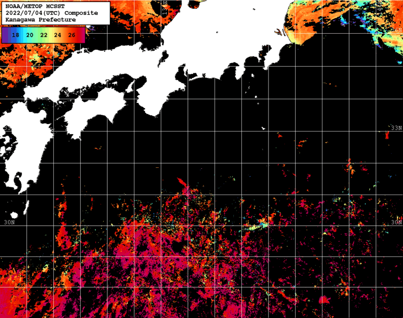 NOAA、MetOp 人工衛星画像 検索結果, 水温分布を図示