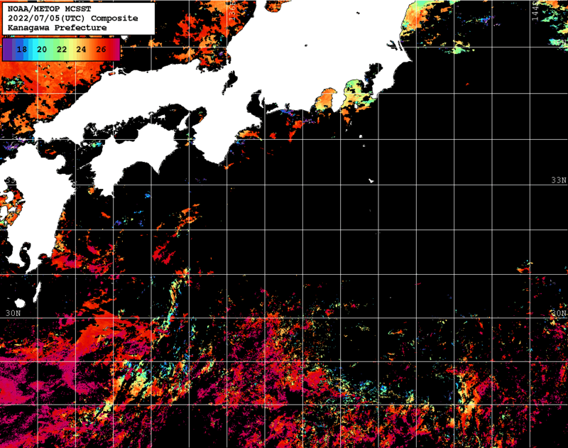 NOAA、MetOp 人工衛星画像 検索結果, 水温分布を図示