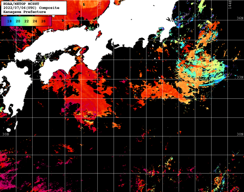 NOAA、MetOp 人工衛星画像 検索結果, 水温分布を図示