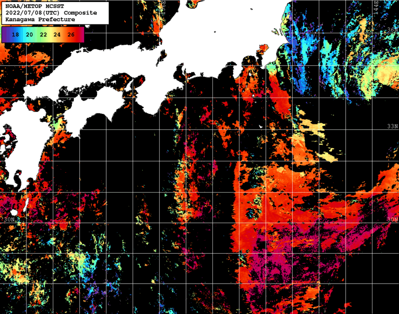 NOAA、MetOp 人工衛星画像 検索結果, 水温分布を図示