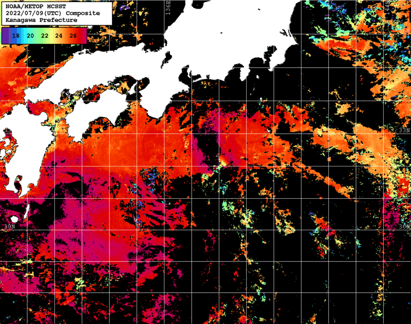 NOAA、MetOp 人工衛星画像 検索結果, 水温分布を図示