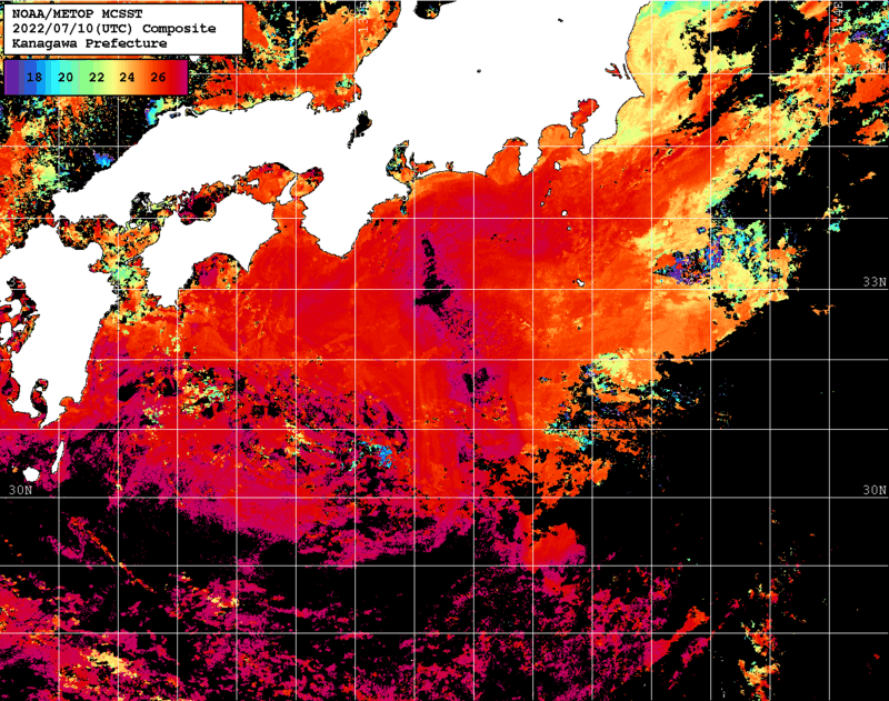 NOAA、MetOp 人工衛星画像 検索結果, 水温分布を図示