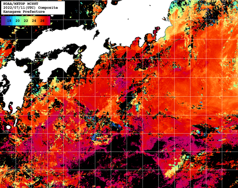 NOAA、MetOp 人工衛星画像 検索結果, 水温分布を図示
