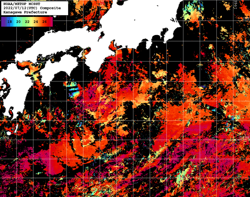 NOAA、MetOp 人工衛星画像 検索結果, 水温分布を図示