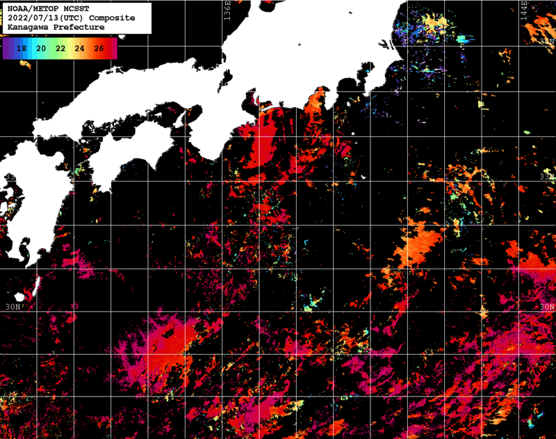 NOAA、MetOp 人工衛星画像 検索結果, 水温分布を図示