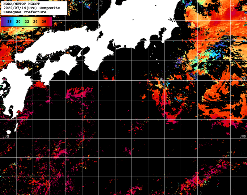 NOAA、MetOp 人工衛星画像 検索結果, 水温分布を図示