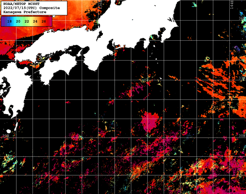 NOAA、MetOp 人工衛星画像 検索結果, 水温分布を図示