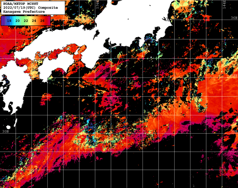 NOAA、MetOp 人工衛星画像 検索結果, 水温分布を図示
