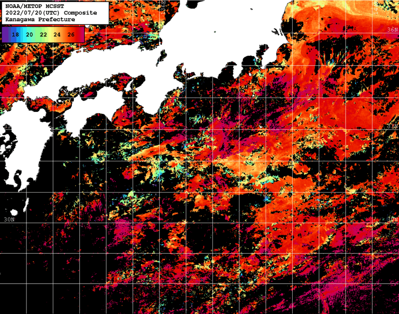NOAA、MetOp 人工衛星画像 検索結果, 水温分布を図示