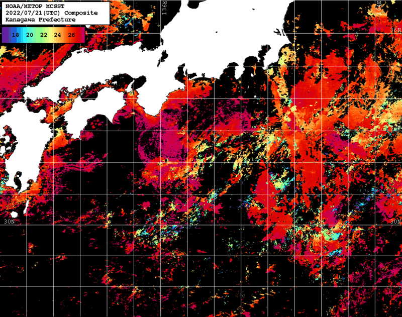 NOAA、MetOp 人工衛星画像 検索結果, 水温分布を図示