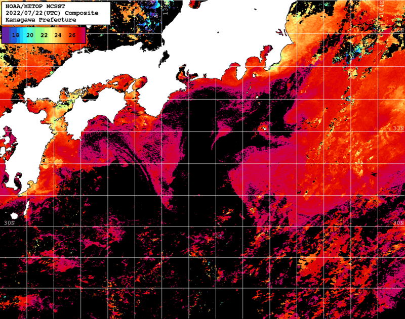 NOAA、MetOp 人工衛星画像 検索結果, 水温分布を図示
