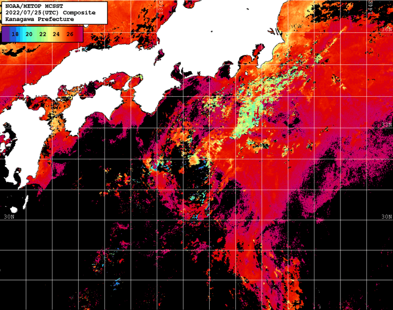 NOAA、MetOp 人工衛星画像 検索結果, 水温分布を図示