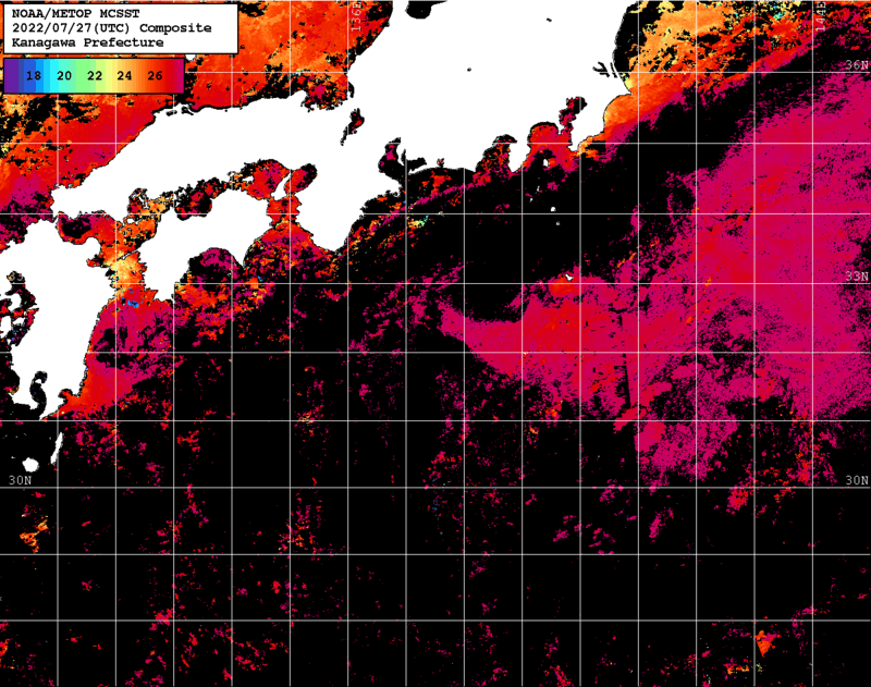 NOAA、MetOp 人工衛星画像 検索結果, 水温分布を図示