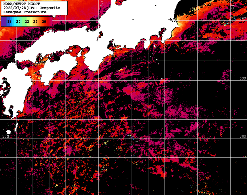 NOAA、MetOp 人工衛星画像 検索結果, 水温分布を図示