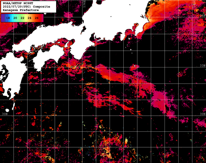 NOAA、MetOp 人工衛星画像 検索結果, 水温分布を図示