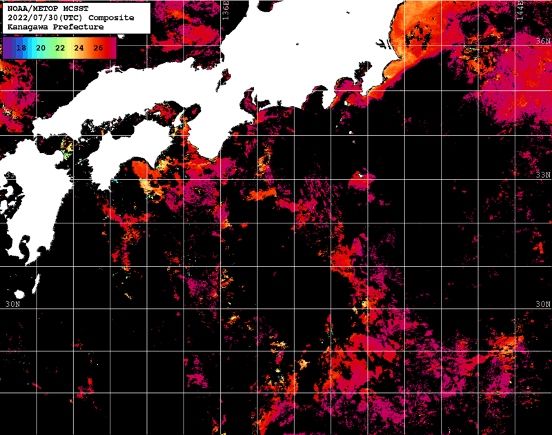 NOAA、MetOp 人工衛星画像 検索結果, 水温分布を図示