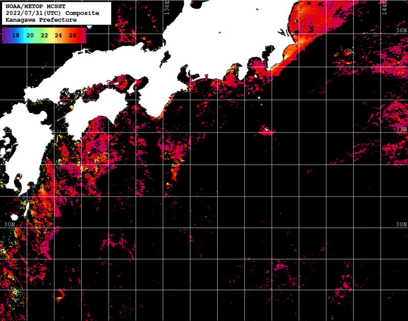 NOAA、MetOp 人工衛星画像 検索結果, 水温分布を図示
