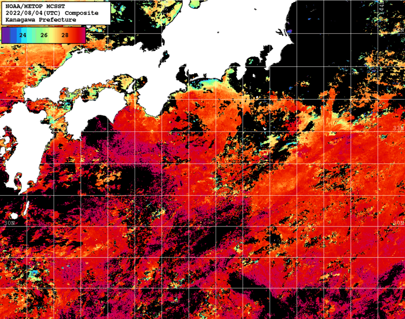 NOAA、MetOp 人工衛星画像 検索結果, 水温分布を図示